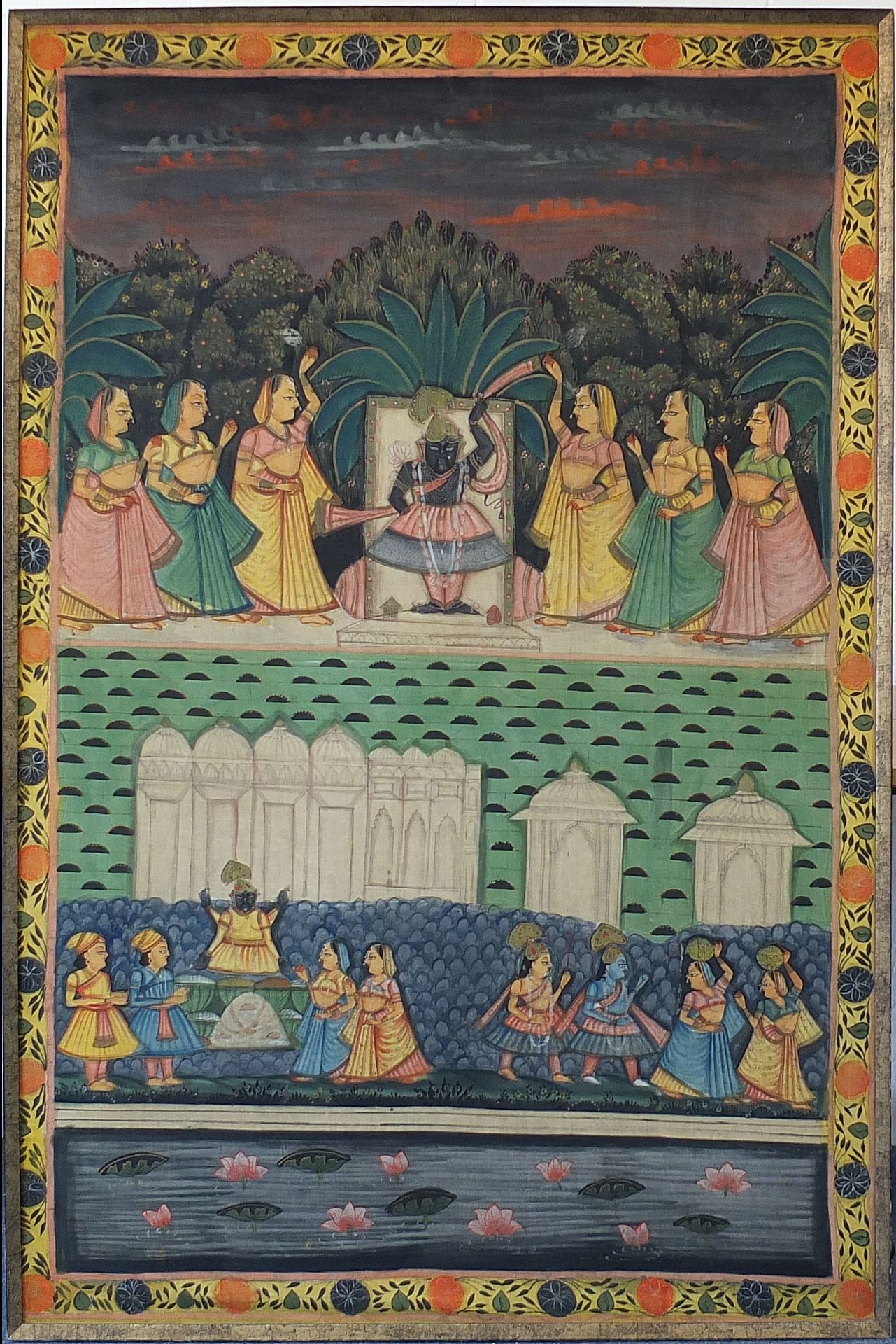 Figures worshipping, Indian Mughal school textile, framed, 168cm x 112cm excluding the frame - Image 2 of 4