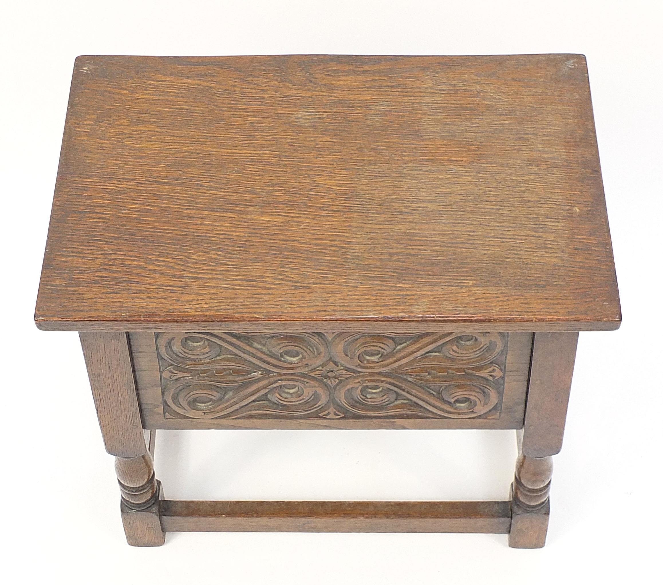 Carved oak work table with hinged lid, 50cm H x 51cm W x 31cm D - Image 3 of 4