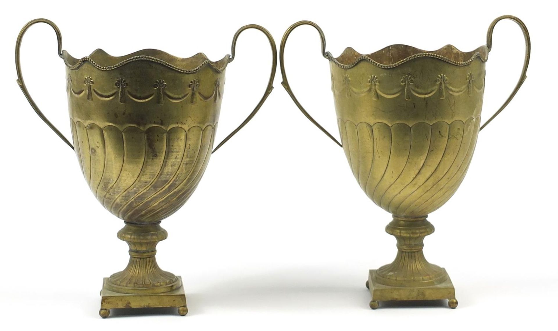 Pair of Antique bronzed urn design wine coolers with twin handles embossed with swags, 42cm high - Image 2 of 3
