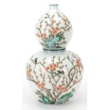 Chinese porcelain double gourd vase hand painted in the famille verte palette with birds amongst