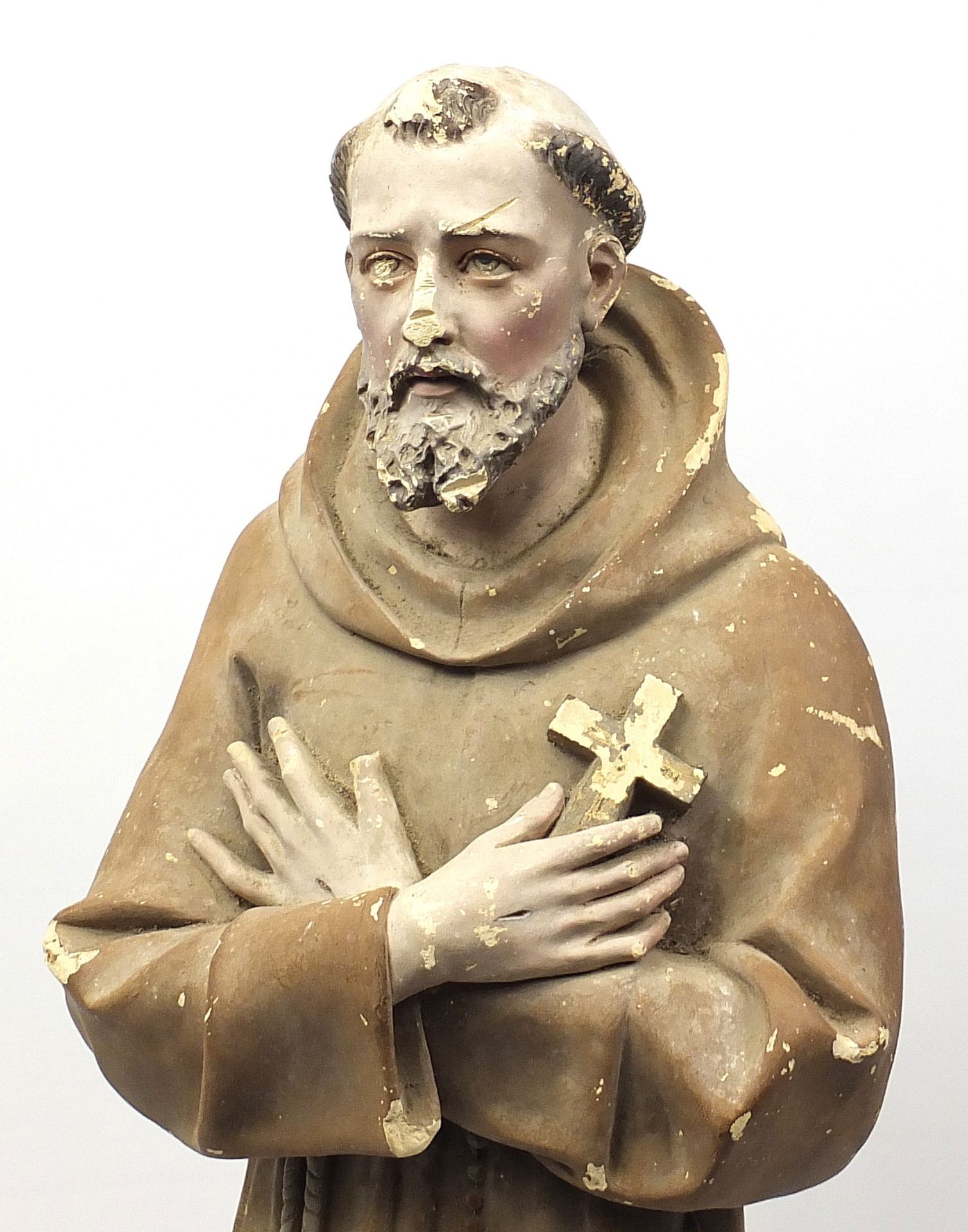 Large floor standing plaster figure of St Francois d'Assise raised on a painted wooden base, 137cm - Image 2 of 3