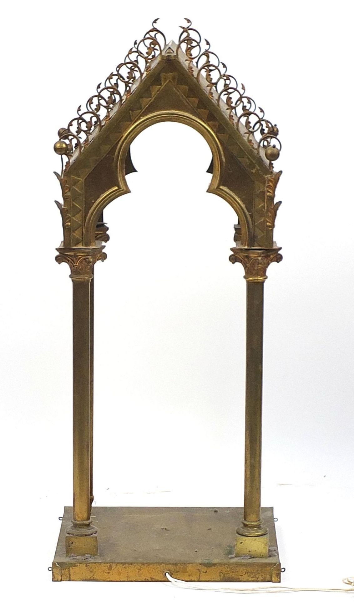 French 19th century brass Gothic design shrine, 124cm H x 48cm W x 38cm D - Image 4 of 4