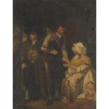 Figures in an interior, antique oil on canvas, indistinctly stamped verso, framed, 44.5cm x 34.5cm