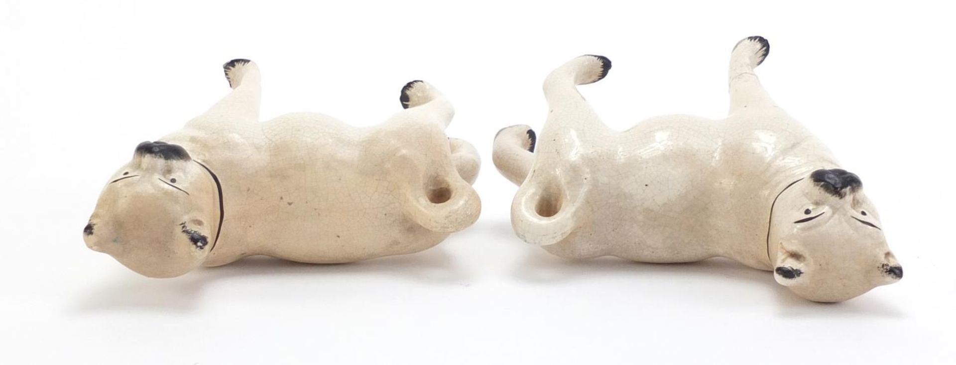 Pair of Staffordshire pottery pug dogs, each 15cm in length - Image 5 of 6