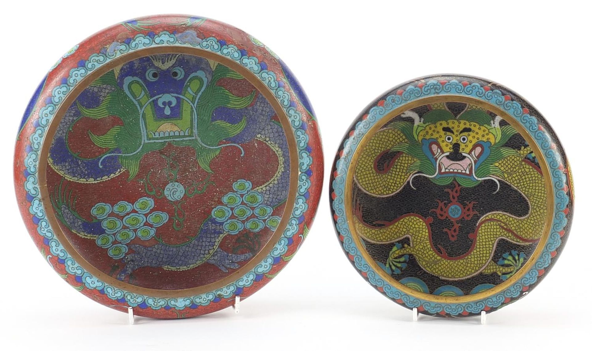 Two Chinese cloisonne squatted dragon bowls, each with four figure character marks to the base, - Image 3 of 4