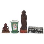 Chinese objects including a carved wood figure of a monk, Canton pot enamelled with figures and a