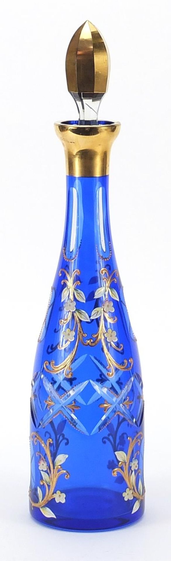 Attributed to Moser, Bohemian blue overlaid glass decanter enamelled with flowers, 40cm high