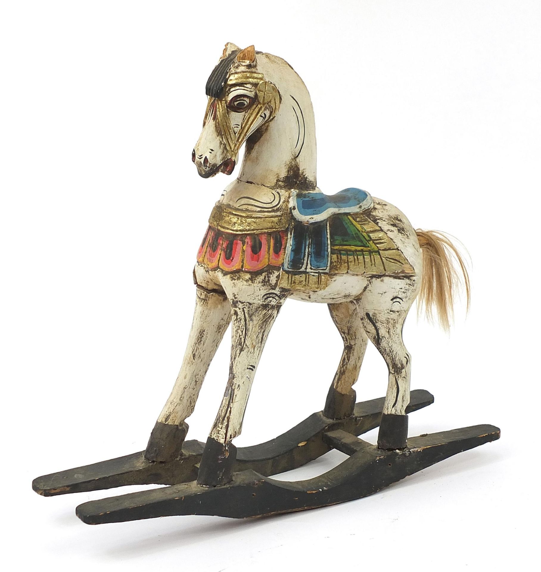 Hand painted carved wood doll's rocking horse, 49cm high