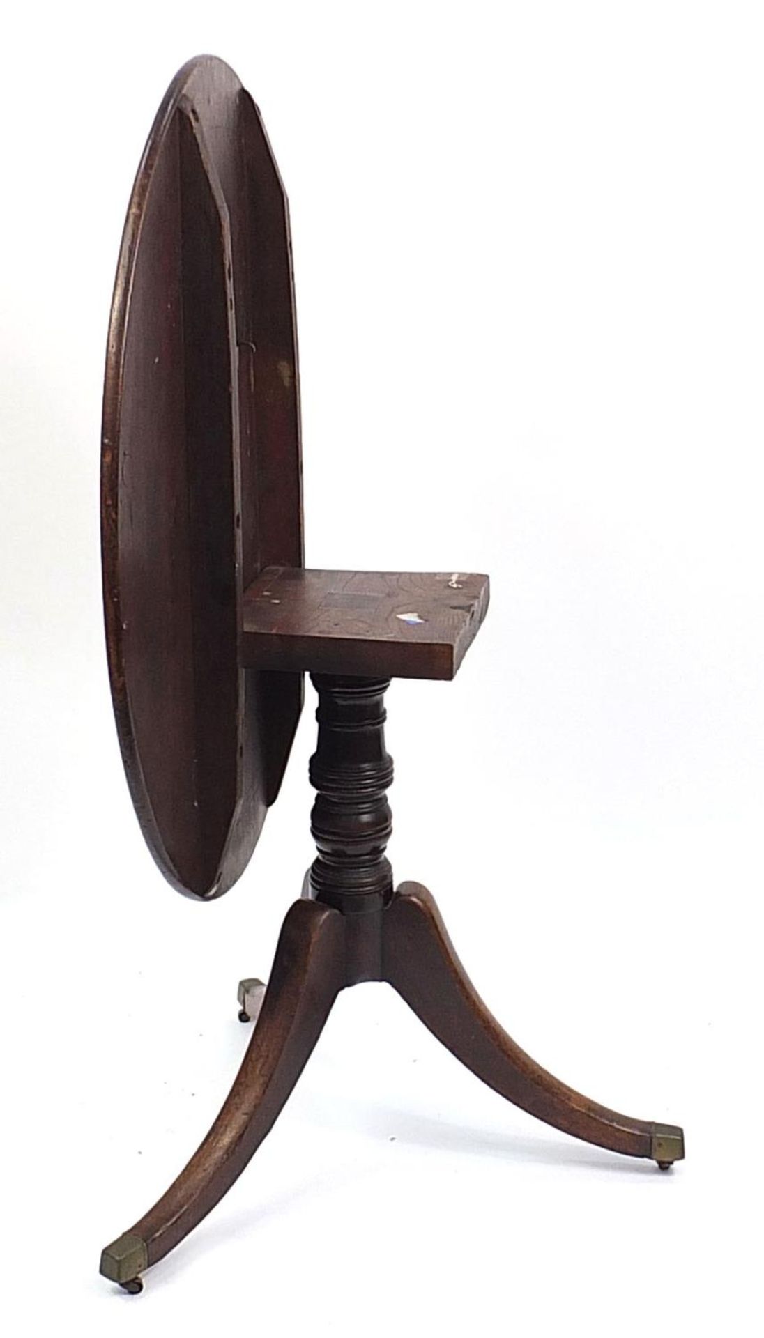 Victorian walnut and mahogany tilt top table with tripod base and brass casters, 73cm H x 95cm W x - Image 3 of 4