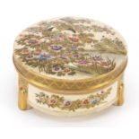 Japanese Satsuma pottery box and cover hand painted with birds and flowers in a landscape, 10.5cm in