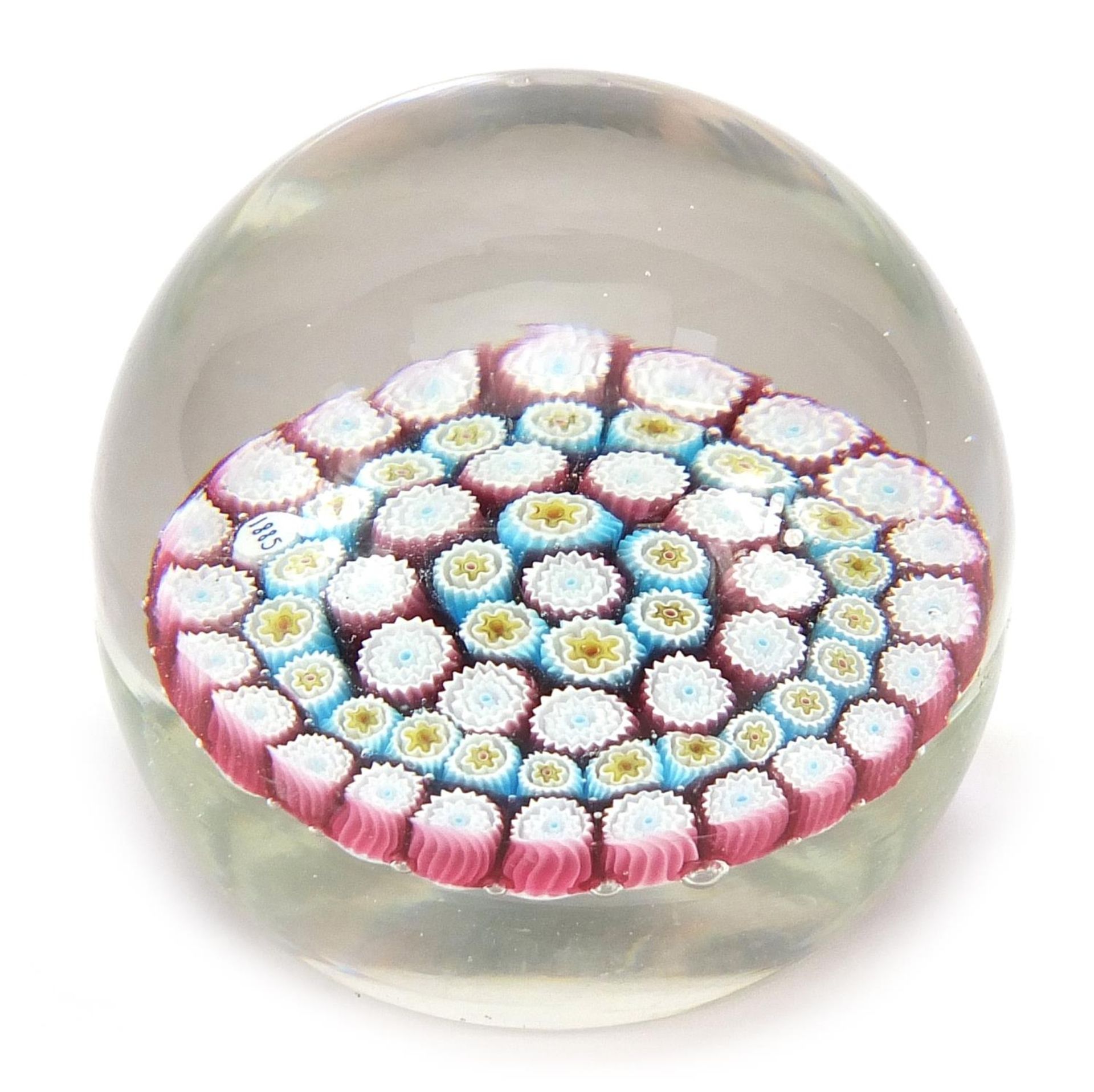 Victorian millefiori glass paperweight with 1885 date cane, 7.5cm in diameter - Image 3 of 4