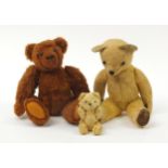 Three antique and later teddy bears with jointed limbs including one by Sharon Donovan with growler,