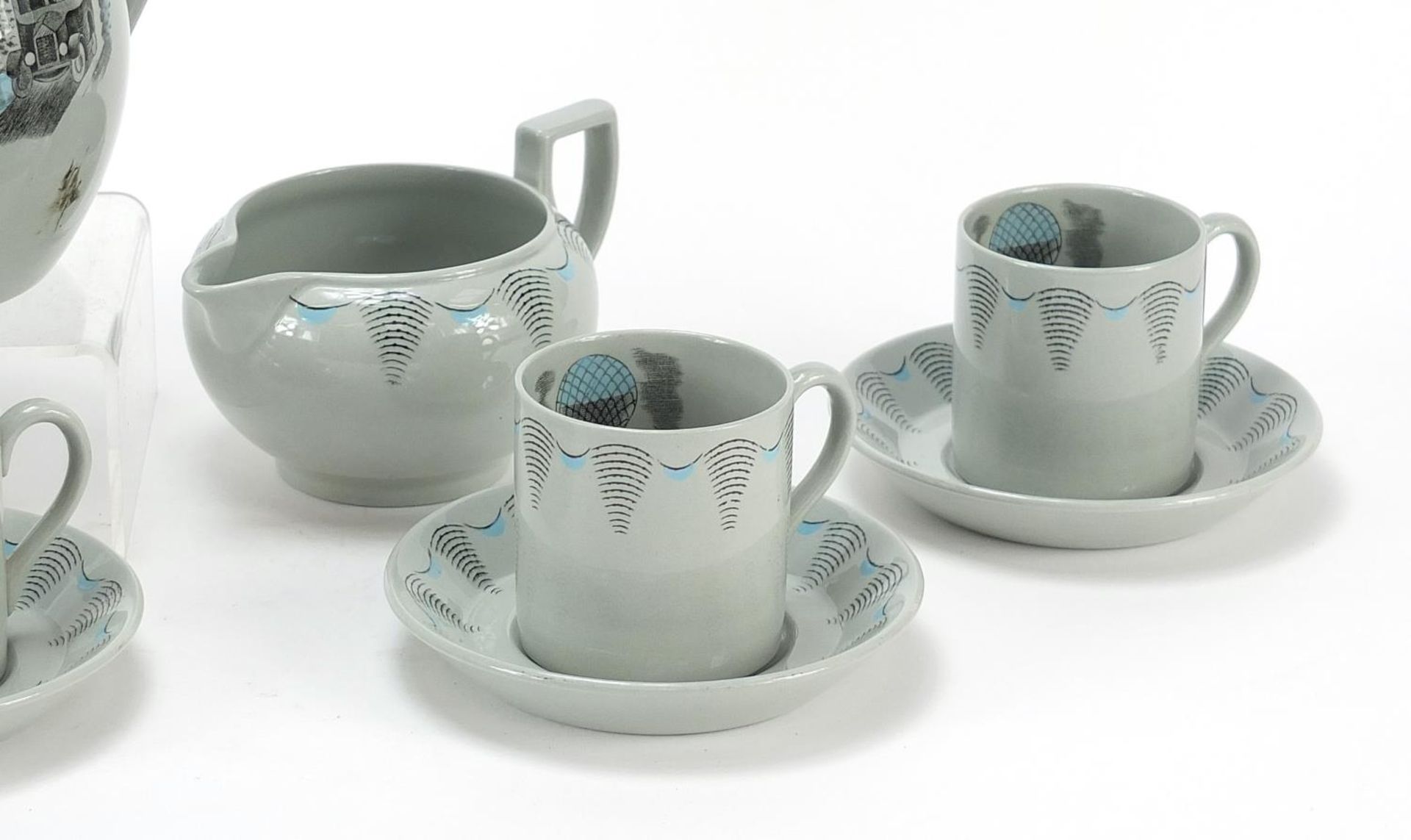 Wedgwood Travel pattern six place coffee service designed by Eric Ravilious, the coffee pot 16.5cm - Image 3 of 4