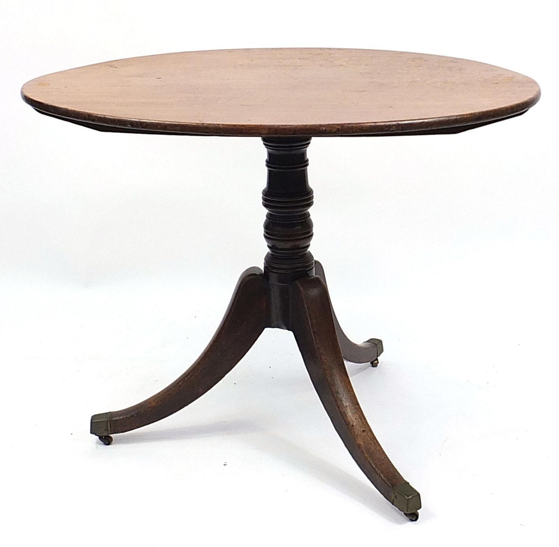 Victorian walnut and mahogany tilt top table with tripod base and brass casters, 73cm H x 95cm W x - Image 4 of 4