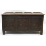 Antique oak three panel coffer, 68cm H x 136cm W x 57cm D