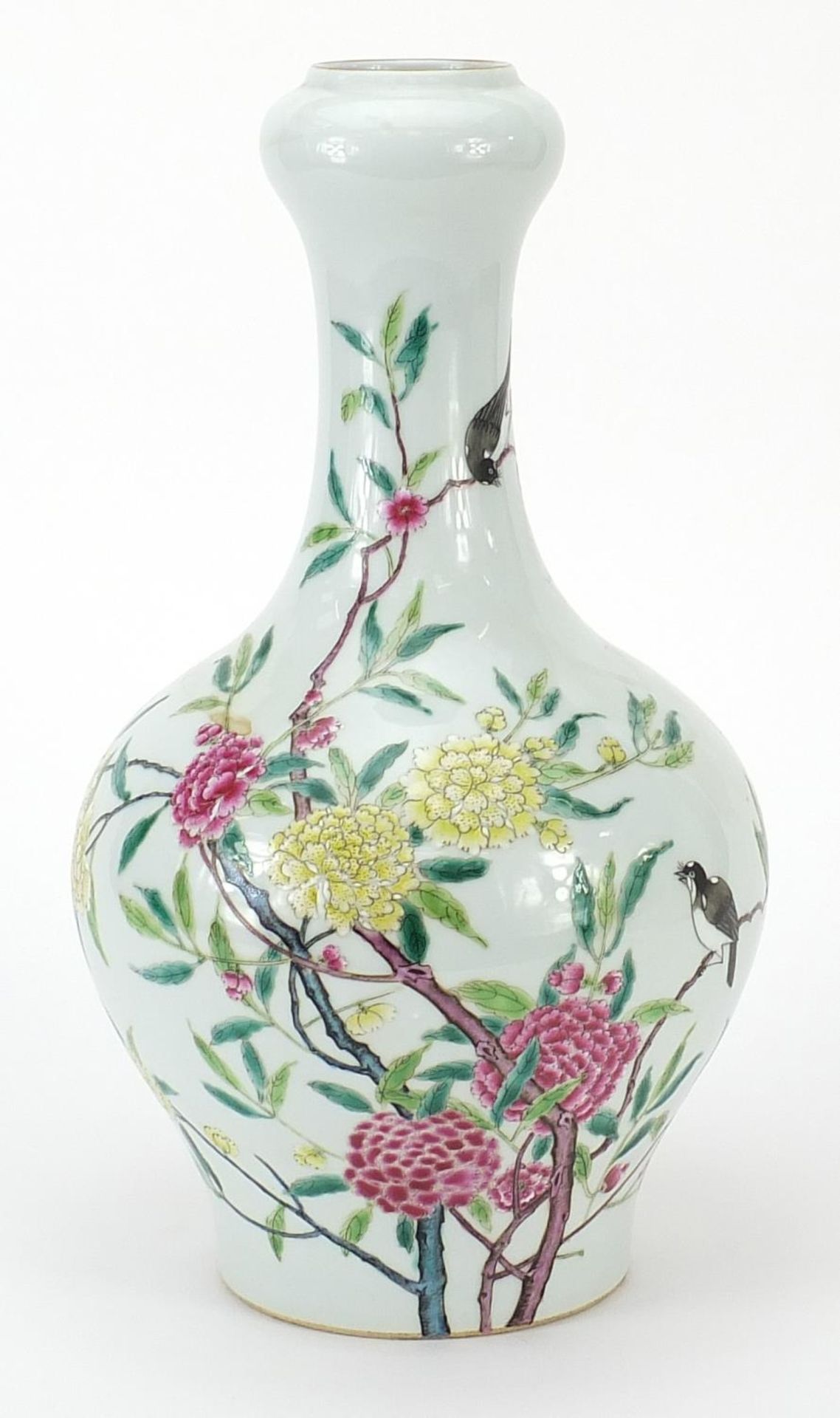 Chinese porcelain garlic head vase hand painted in the famille rose palette with birds amongst