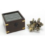 Military interest brass sextant with mahogany case, 7.5cm H x 11cm W x 11cm D
