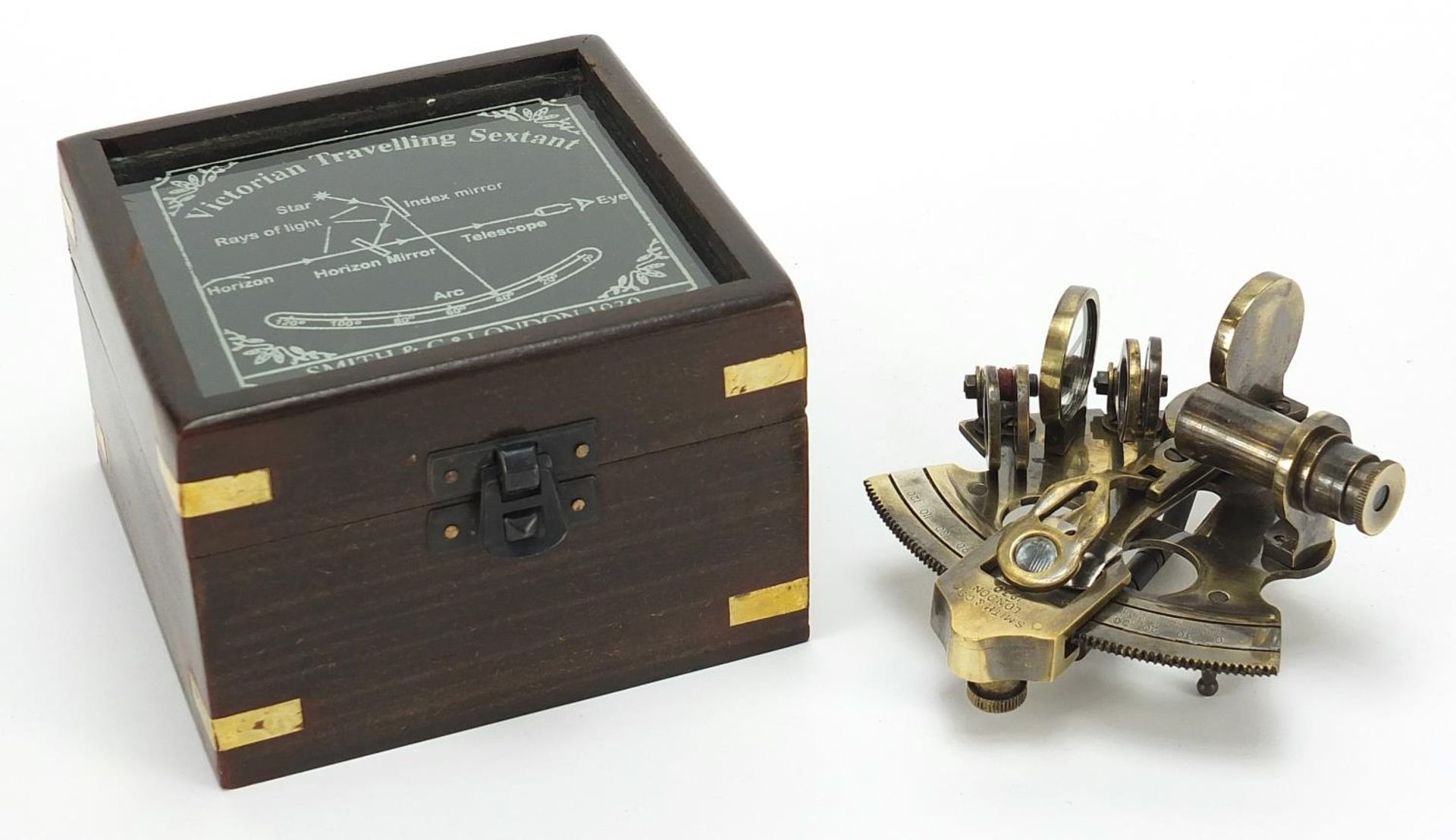 Military interest brass sextant with mahogany case, 7.5cm H x 11cm W x 11cm D