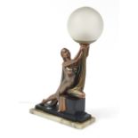 Art Deco onyx and spelter table lamp with glass shade in the form of a semi nude female, 51cm high
