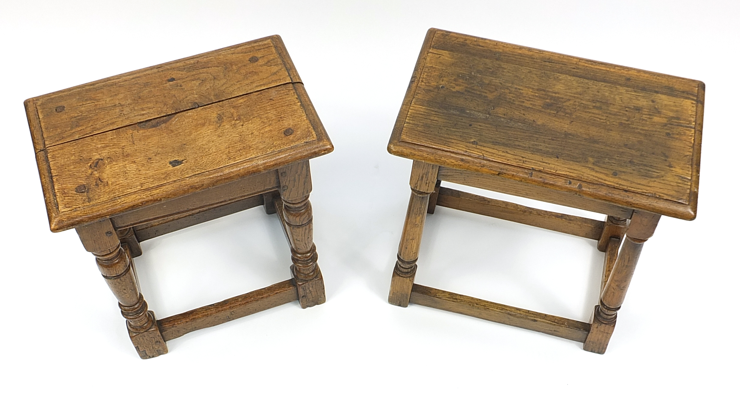 Two antique oak stools, the largest 49cm H x 45.5cm W x 27.5cm D - Image 3 of 3