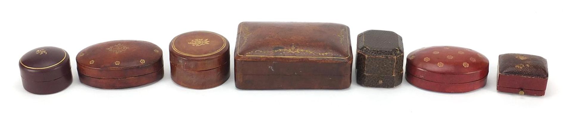 Jewellery boxes including ring boxes and Italian tooled leather, the largest 10cm wide