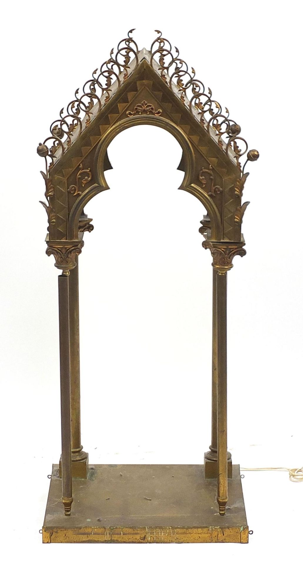 French 19th century brass Gothic design shrine, 124cm H x 48cm W x 38cm D - Image 2 of 4
