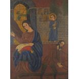 The Sacred Family, Jesus, The Virgin Mary and St Joseph, Cusco school oil on canvas, mounted and fr