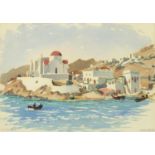 ** WITHDRAWN ** Attributed to Sydney Arrobus - Mykonos, Greek school watercolour, label verso,