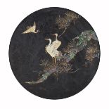 Chinese circular panel with mother of pearl inlay depicting storks, framed, 38cm x 38cm excluding