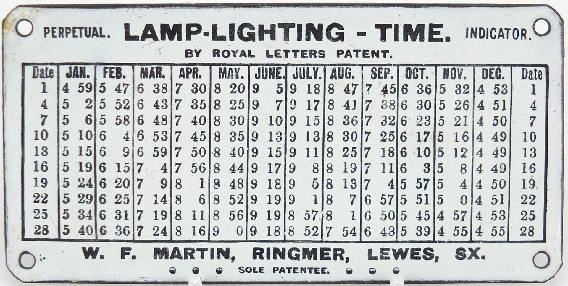 Lamp Lighting Time enamel advertising plaque by Royal Letters Patent, 15.5cm x 8cm