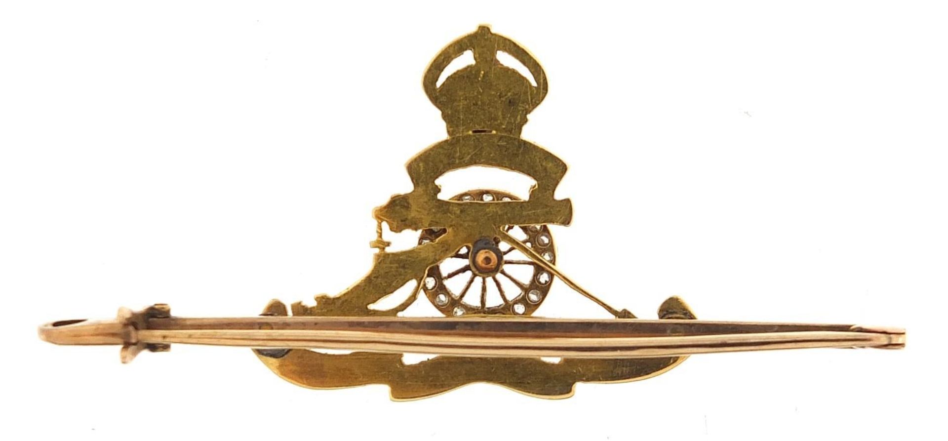 Military interest unmarked gold, enamel and diamond Ubique cannon sweetheart brooch, 5.5cm wide, 5. - Image 2 of 4