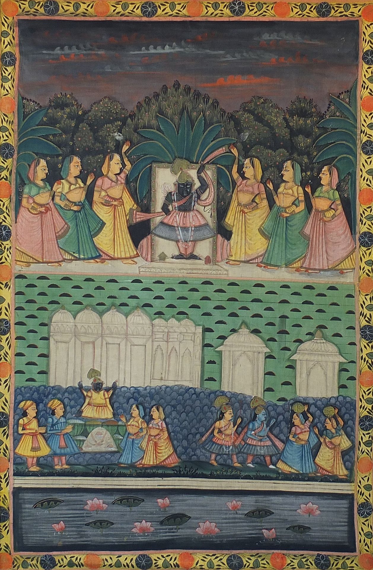 Figures worshipping, Indian Mughal school textile, framed, 168cm x 112cm excluding the frame