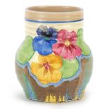 Clarice Cliff Bizarre pottery vase hand painted in the Delicia Pansies pattern, 12cm high