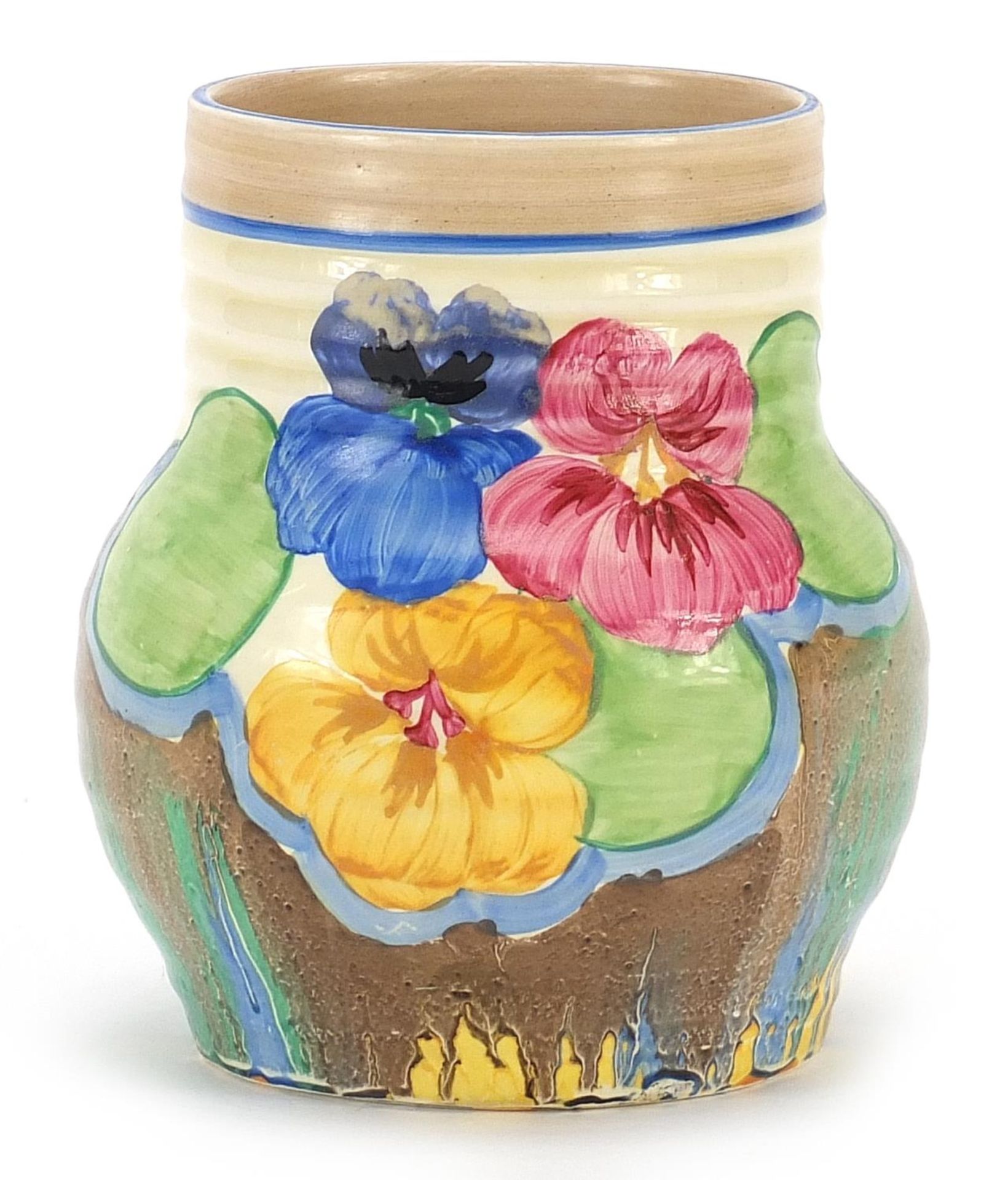 Clarice Cliff Bizarre pottery vase hand painted in the Delicia Pansies pattern, 12cm high