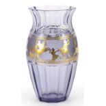 Attributed to Moser, Bohemian purple glass vase gilded and decorated in relief with a continuous