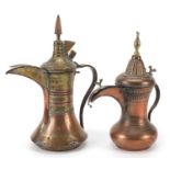 Two Imani copper and brass dallah coffee pots, the largest 32cm high