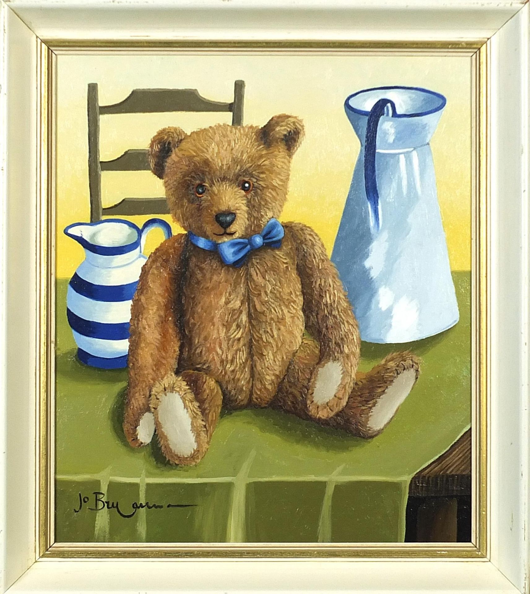 Jo Bryan - Bertram Bear in the kitchen, oil on canvas board, mounted and framed, 35cm x 29.5cm - Image 2 of 5