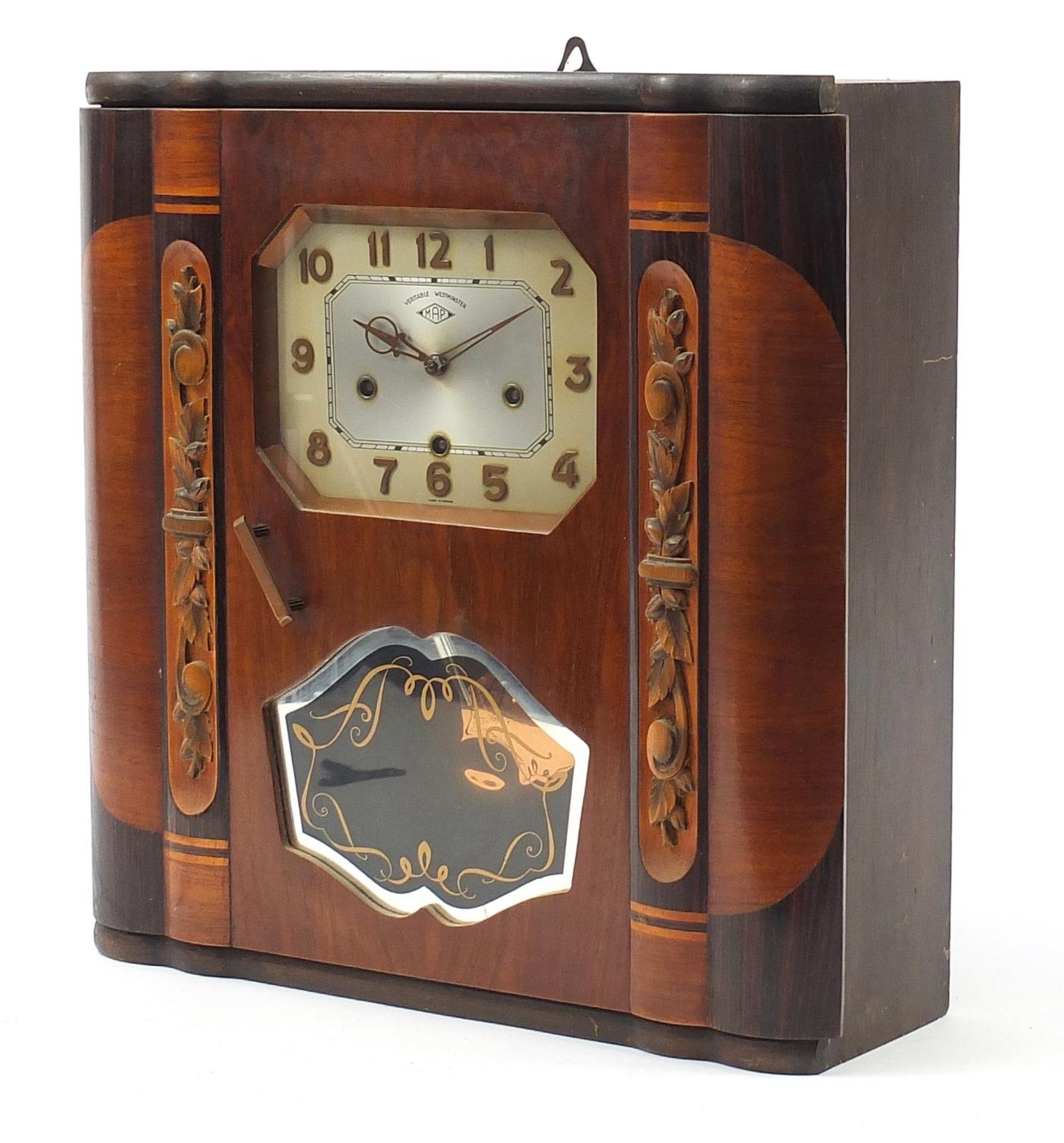 MAP, French Art Deco walnut wall clock with Westminster chime, 55cm H x 53cm W x 17cm D