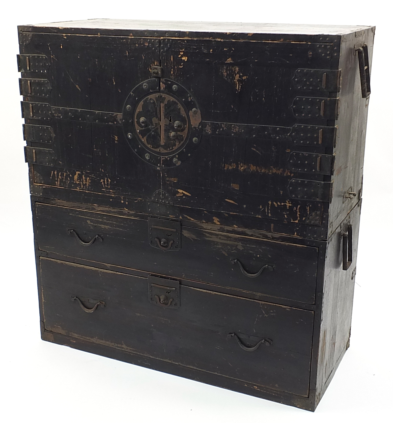 19th century Japanese iron bound two section tansu chest, 93.5cm H x 91cm W x 41.5cm D - Image 3 of 4