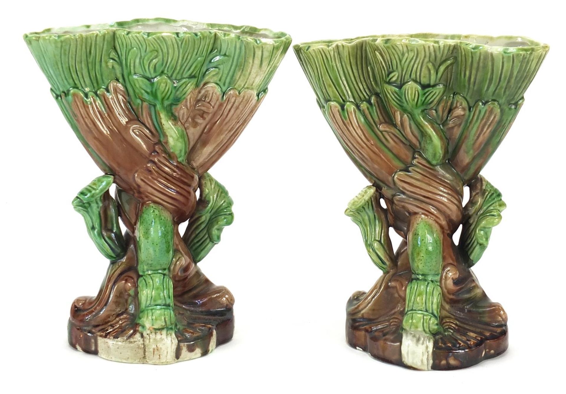 Pair of Victorian Majolica dolphin design vases, each 21 cm high - Image 2 of 3