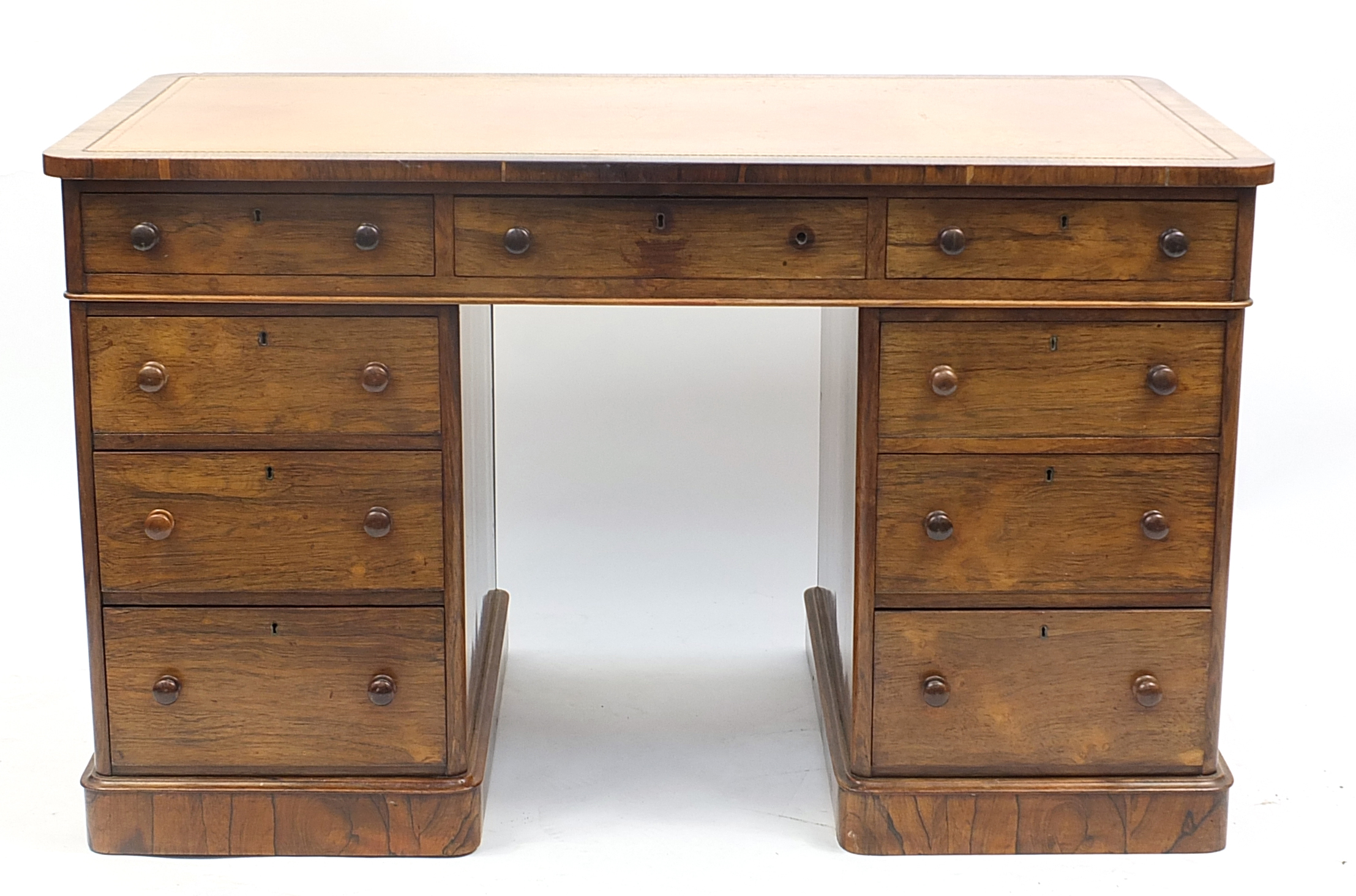 Rosewood twin pedestal desk with tooled leather insert above a series of drawers, 74cm H x 123cm W x