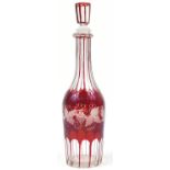 Bohemian ruby overlaid glass decanter etched with leaves and berries, 33cm high