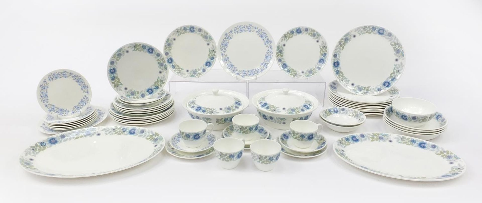 Wedgwood Clementine and Petra dinnerware including lidded tureen, plates and cups, the largest