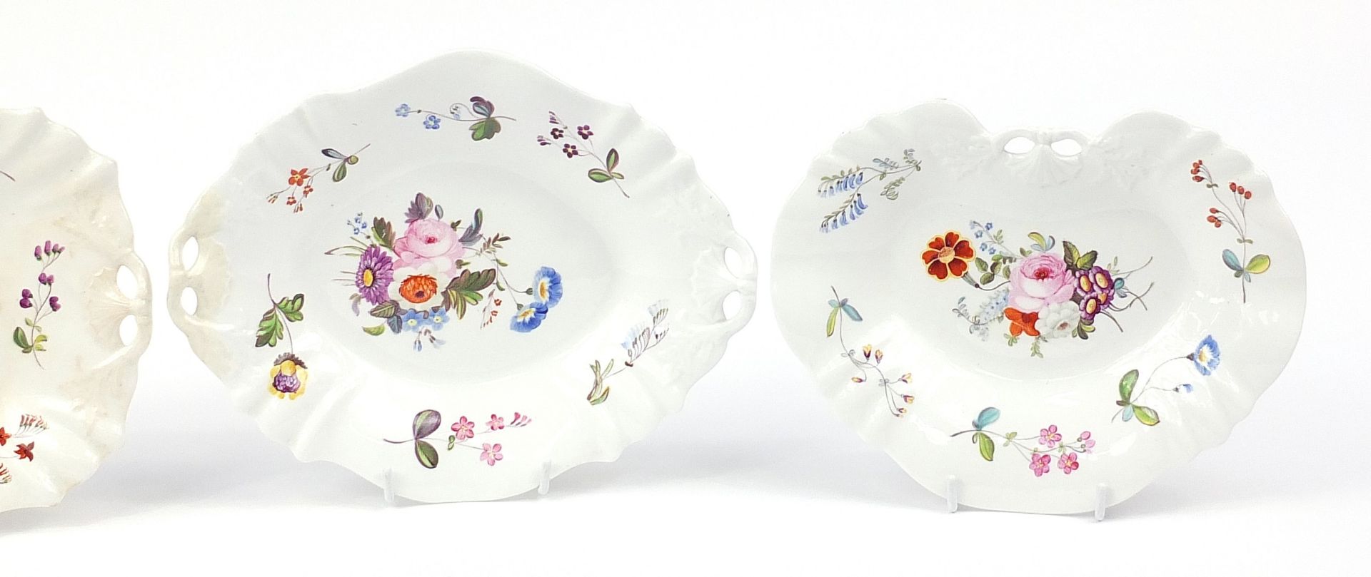 Five early 19th century porcelain dishes hand painted with flowers, the largest 27cm wide - Image 3 of 4