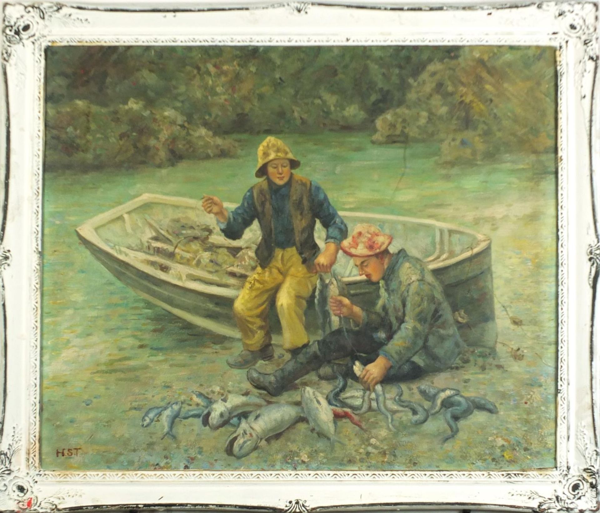 Manner of Henry Scott Tuke - Two young fishermen, St Ives school oil on board, framed, 59.5cm x 49. - Image 2 of 4