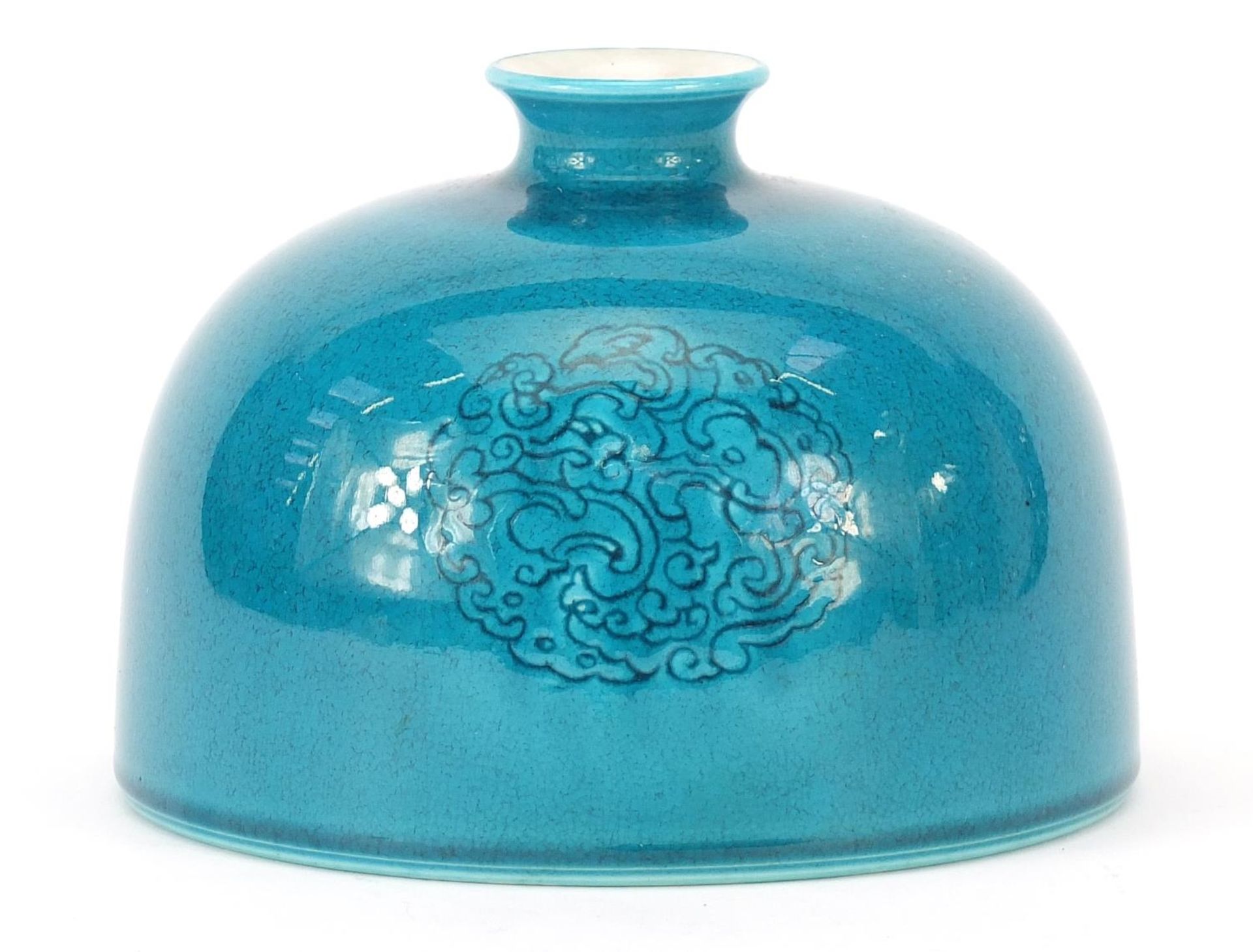 Chinese porcelain bee hive water pot having a turquoise glaze, decorated in low relief with stylised