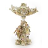 Continental floral encrusted figural porcelain centrepiece hand painted with flowers, 40cm high