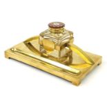 WMF, German Art Nouveau brass desk stand with glass inkwell having a ruby flashed glass lid hand