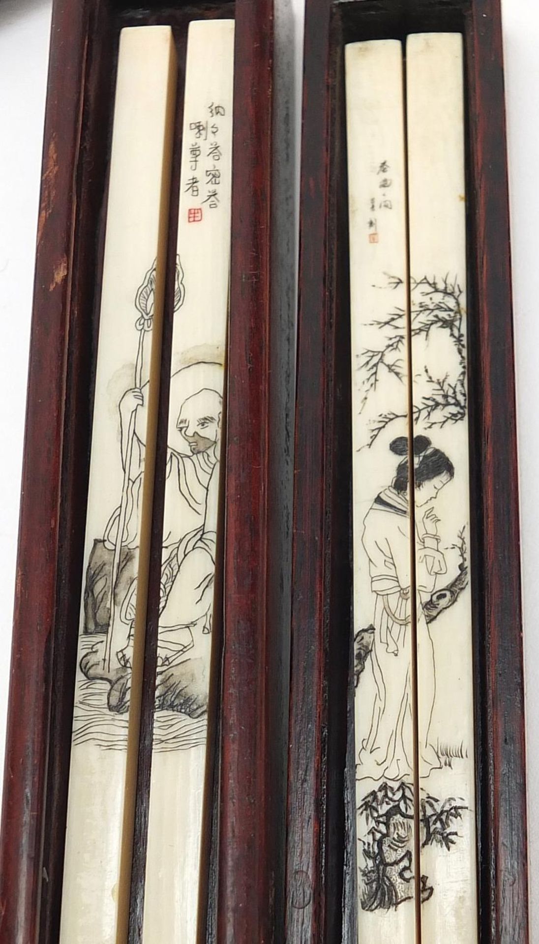 Two pairs of Chinese chop sticks with hardwood cases, the cases 30cm in length - Image 4 of 5