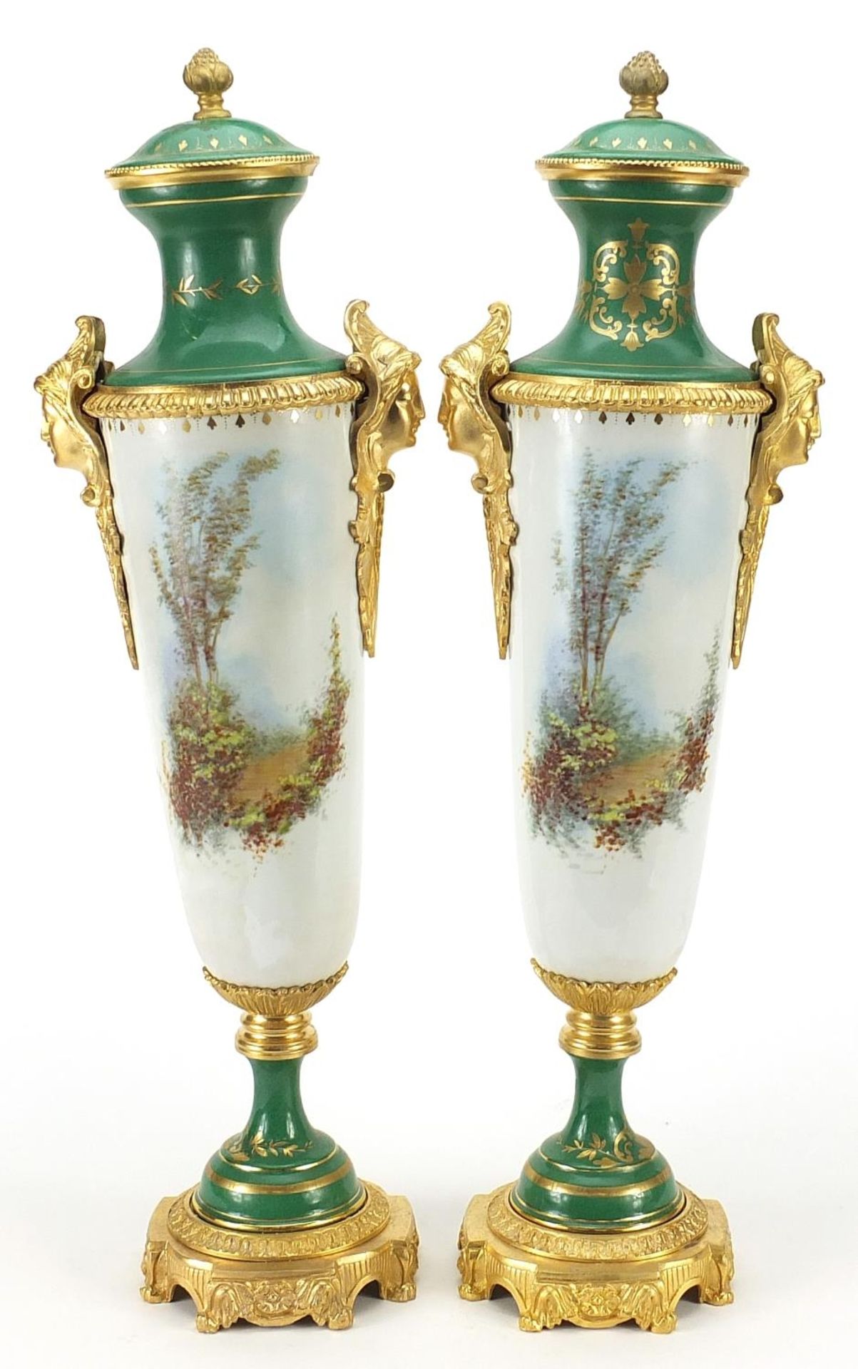 Large pair of French porcelain vases and covers with gilt bronze mounts in the style of Sevres, each - Image 2 of 3